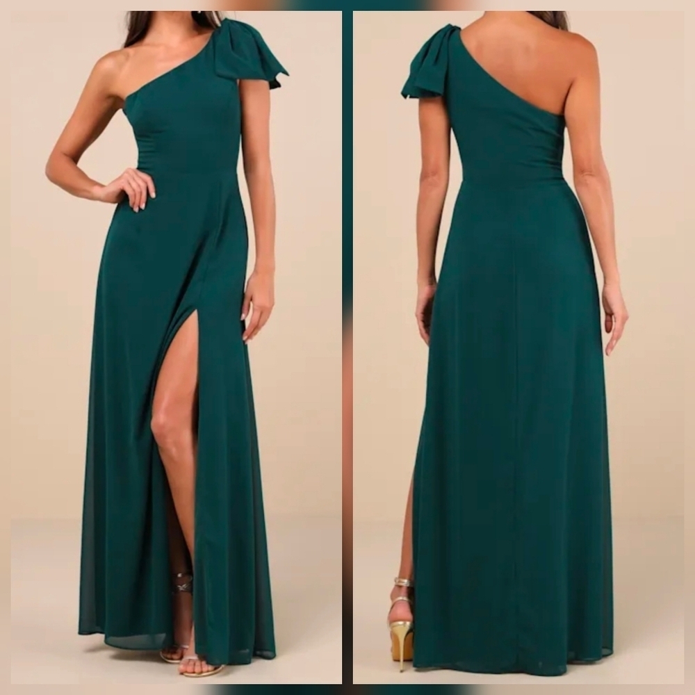 Lulus XS Simply Brilliant Emerald One-Shoulder Bow Maxi Dress, Size XS
